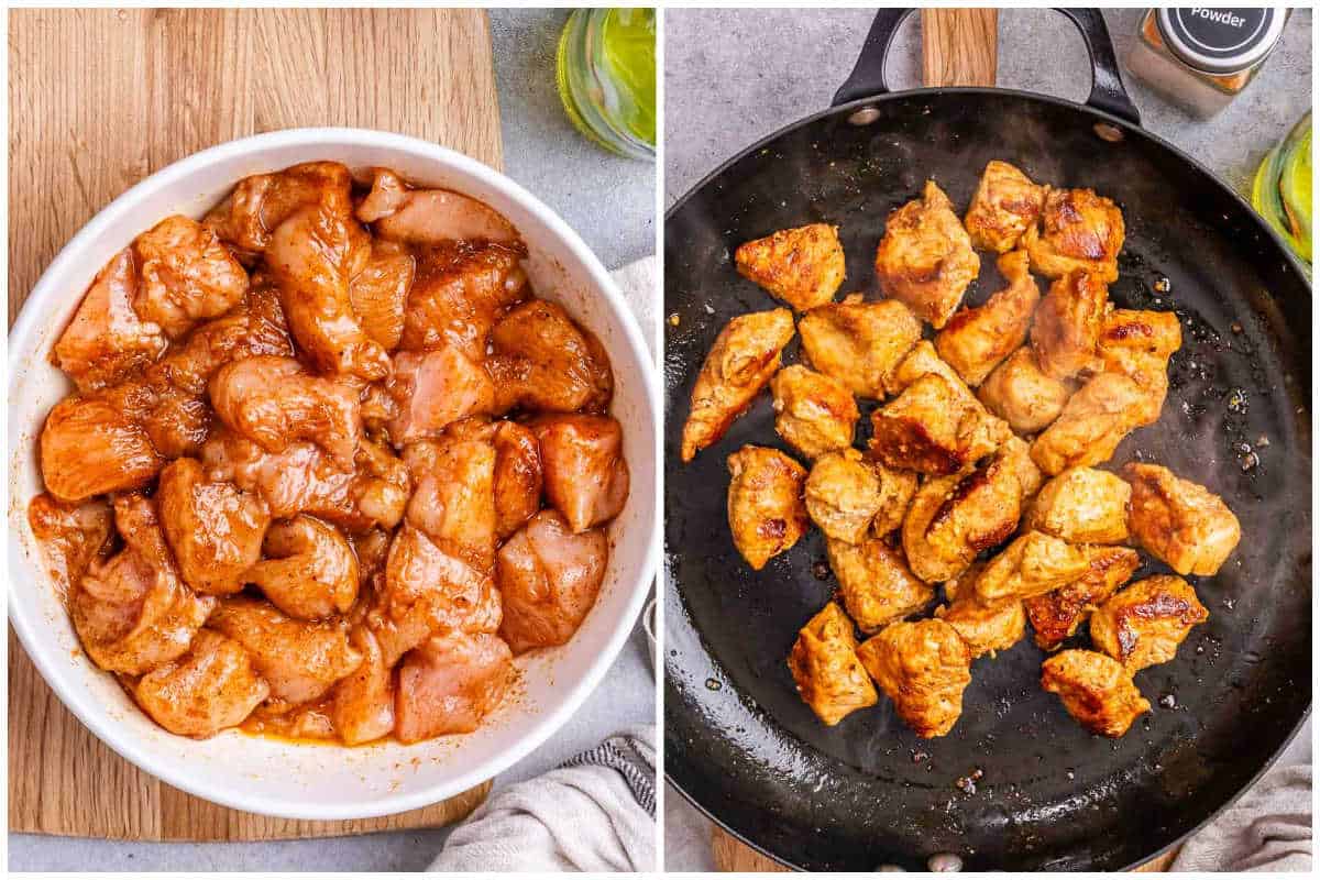 chicken marinated and cooked in a skillet.