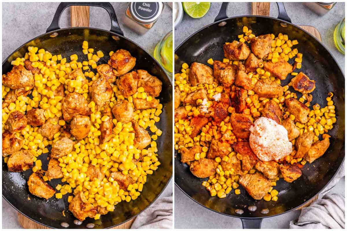 street corn salad added over the seared chicken in a pan.