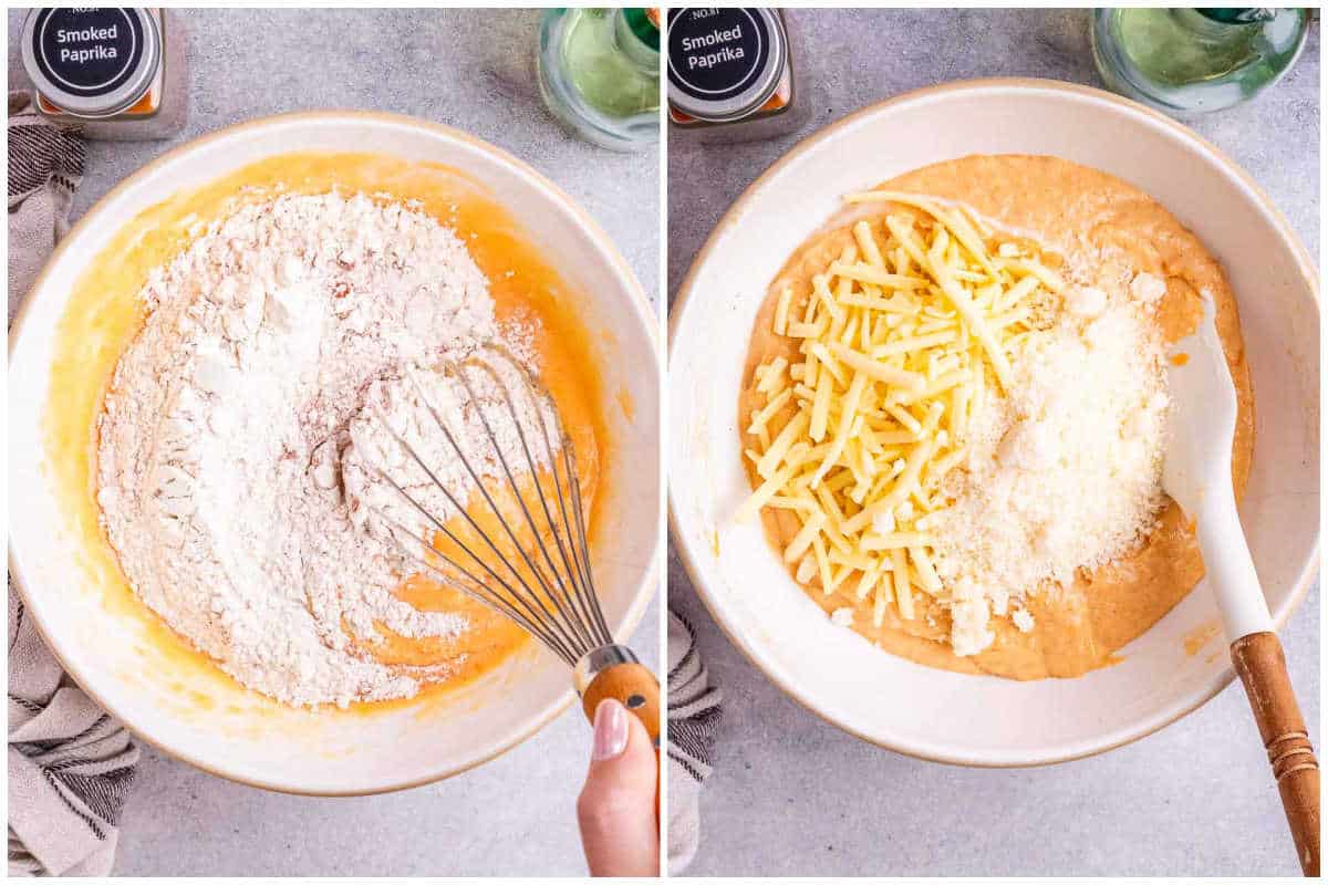 process shot of adding the cheese and flour to the egg mixture for the sweet potato batter.