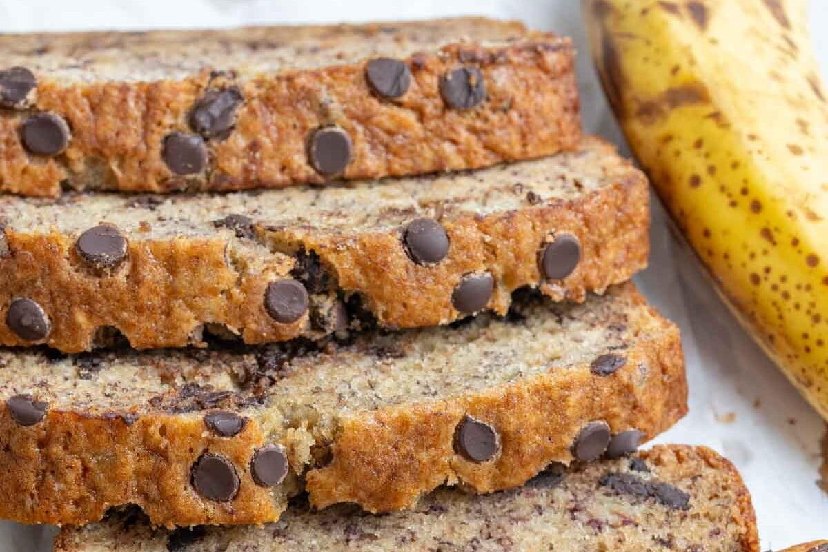 sliced banana bread stacked over each other.