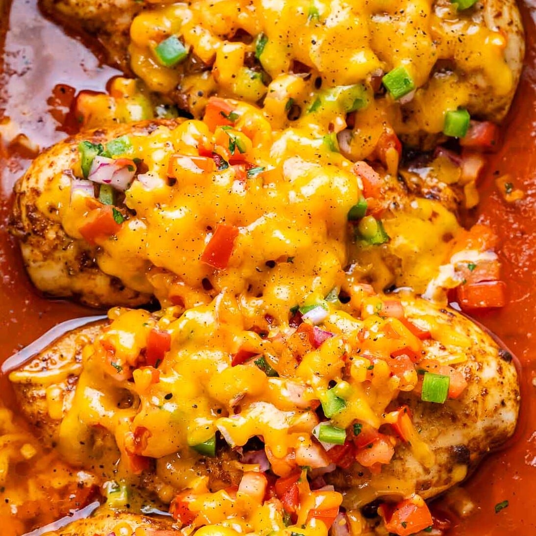 chicken breasts baked in a dish topped with salsa and melted cheese.
