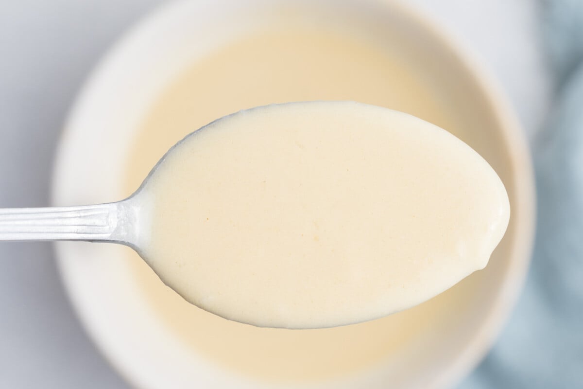 A spoonful of tahini salad dressing.