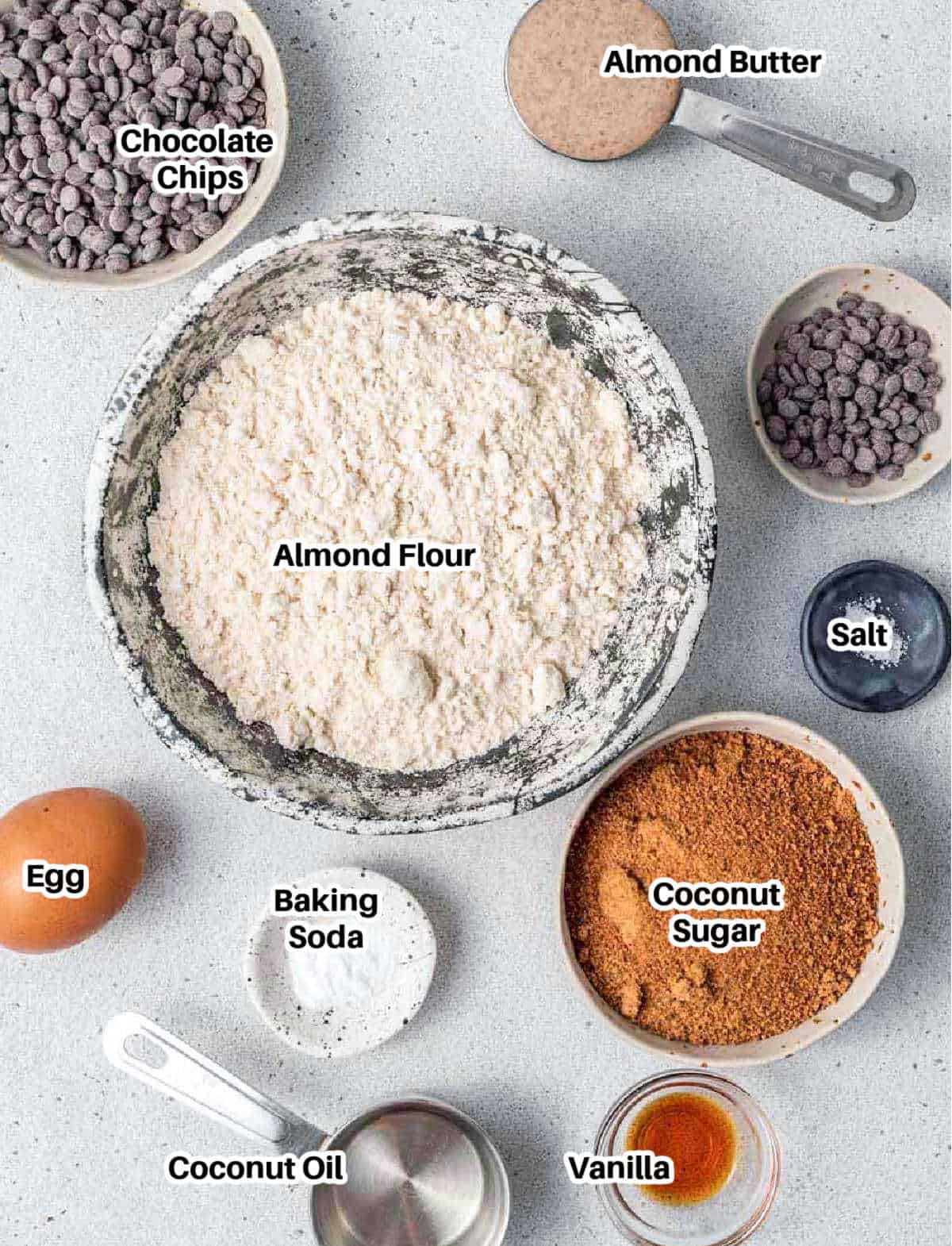 ingredients to make almond flour chocolate chip cookies. 