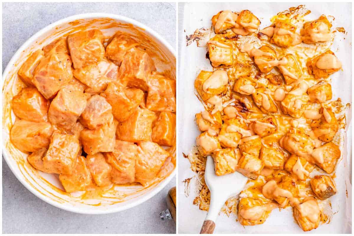 process shot to cook the salmon with bang bang sauce and bake it in a sheet pan.