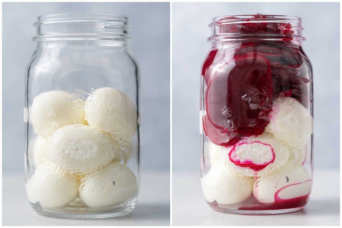 process shot to place the boiled eggs in a jar and add beets.