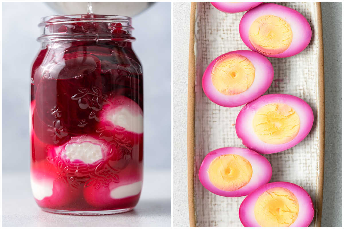 process shot of adding bring into the jar with eggs and then slicing the pickled eggs and placing in a jar.