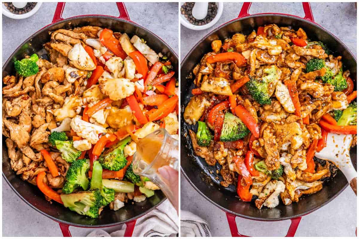 process shot of adding the broth over the seared veggies and then cooking with chicken.