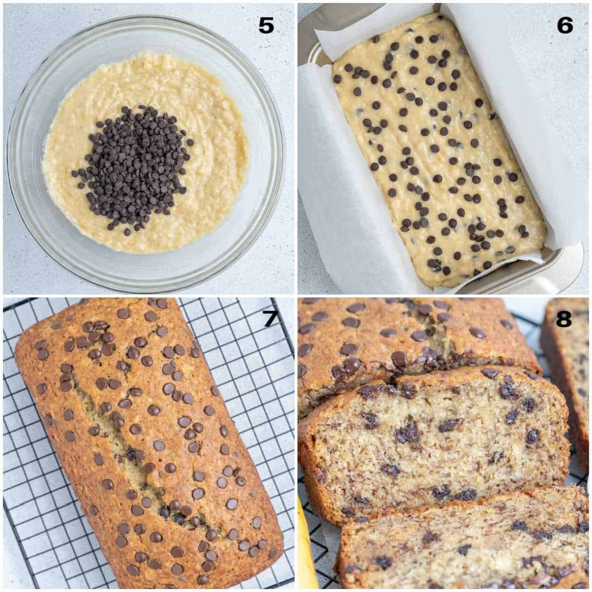 collage showing adding the batter in a pan and baking the banana bread.