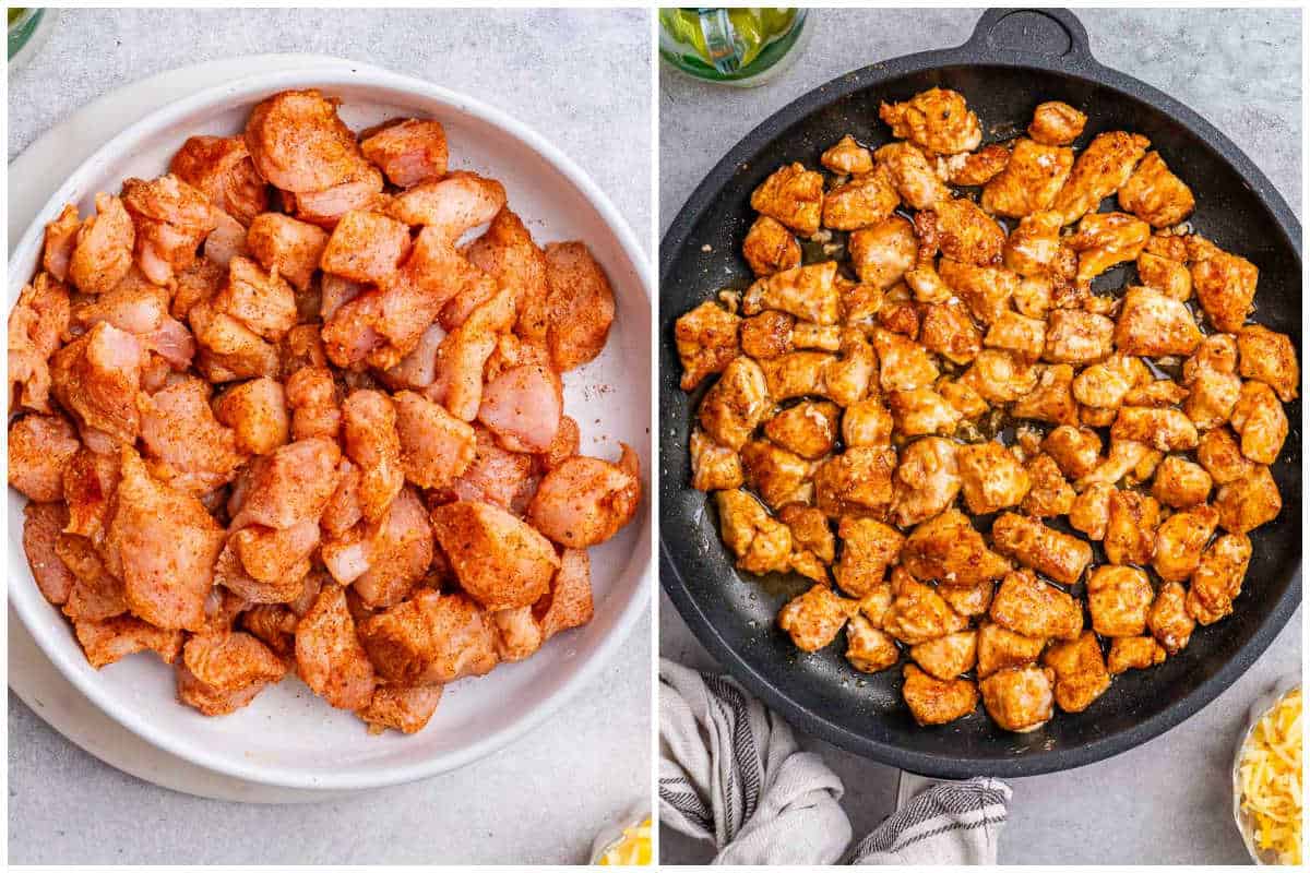 process shot to season the chicken and cook it in a skillet. 