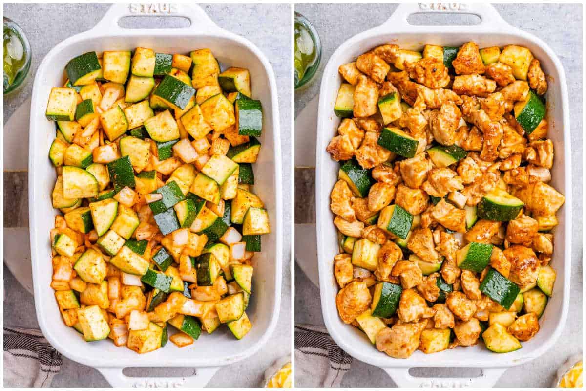 adding the seasoned zucchini and seared chicken in a baking dish.