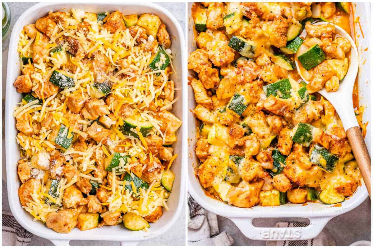 cheese added over the zucchini and chicken in a baking dish, then baked.
