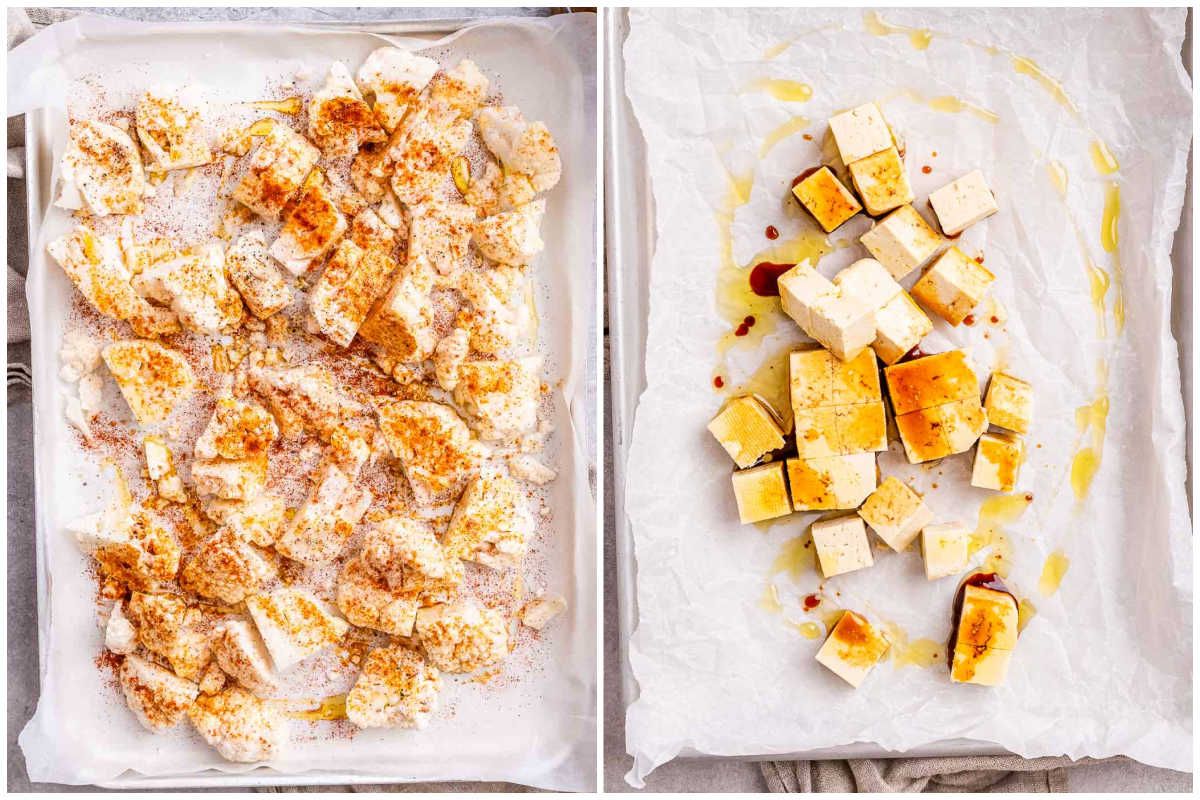 seasoned cauliflower florets and tofu bites in sheet pans before baking.
