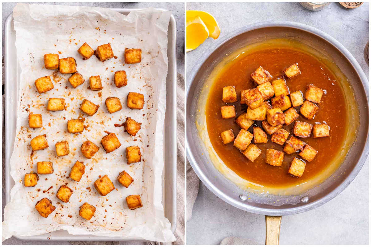 roasted tofu in a sheet pan and then added into a pan with the orange sauce.