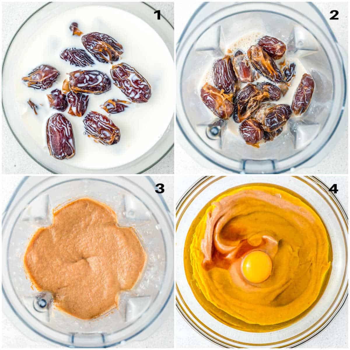 collage of 4 images soaking dates, blending in blender, and adding eggs and oil to the mixture to form the wet batter.