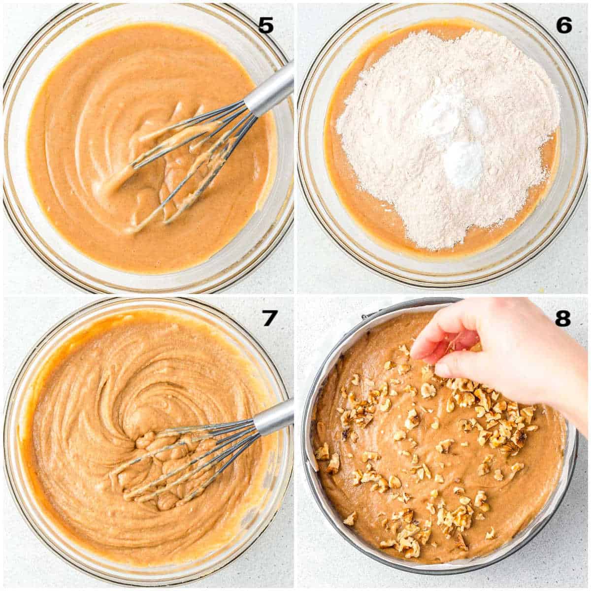 process shot to adding the flour mixture to form the batter, and then adding to a round pan and topping with chopped walnuts.