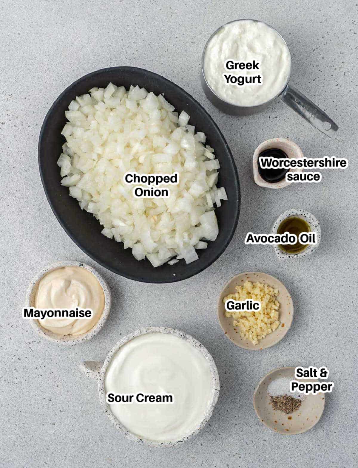 Ingredients for French onion dip.