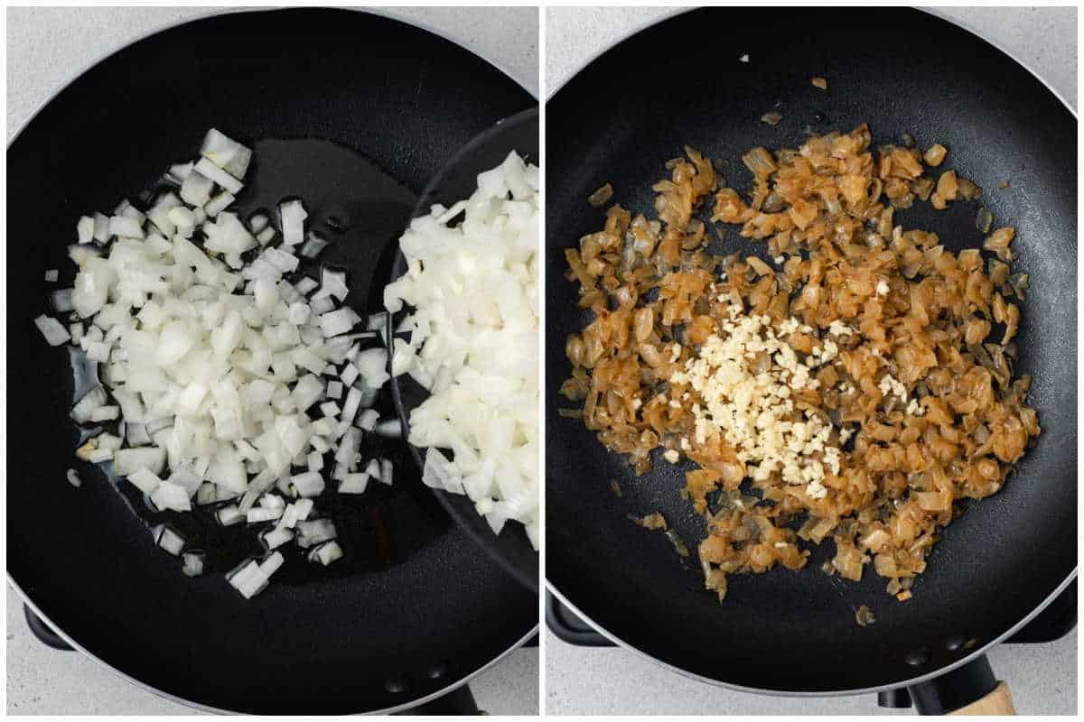 process shot showing sauteing the onions in a pan.