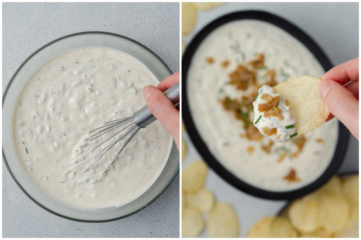 process shot of mixing the dip and serving. 