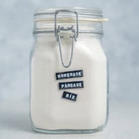 a jar with pancake mix.