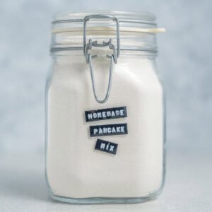 a jar with pancake mix.