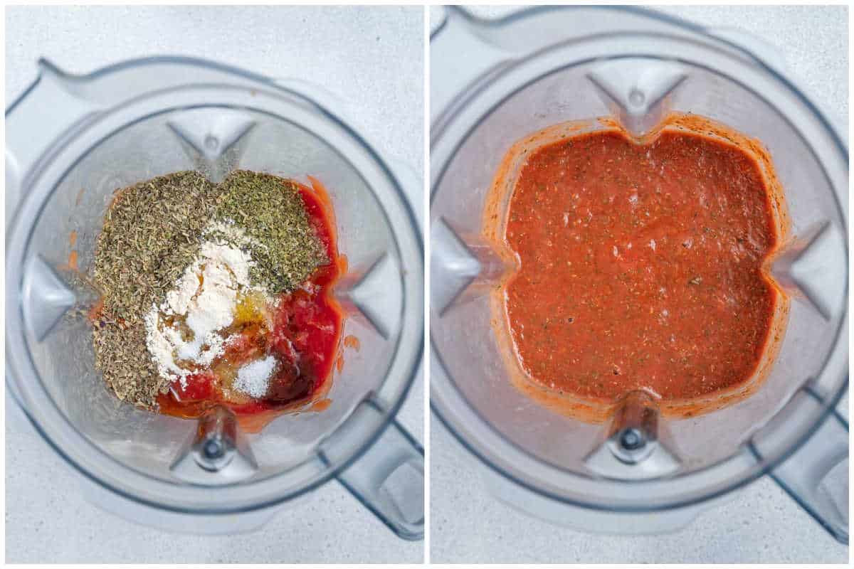 process shot of adding the pizza sauce ingredients in a blender and blending.  