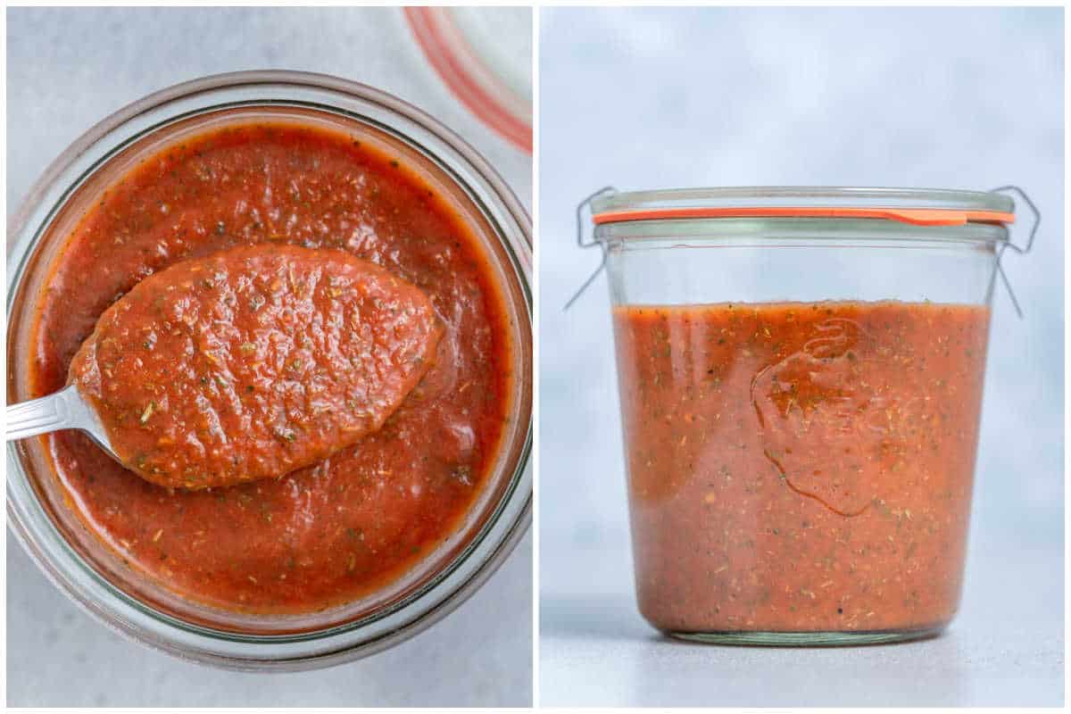 process shot of storing the pizza sauce in a jar.