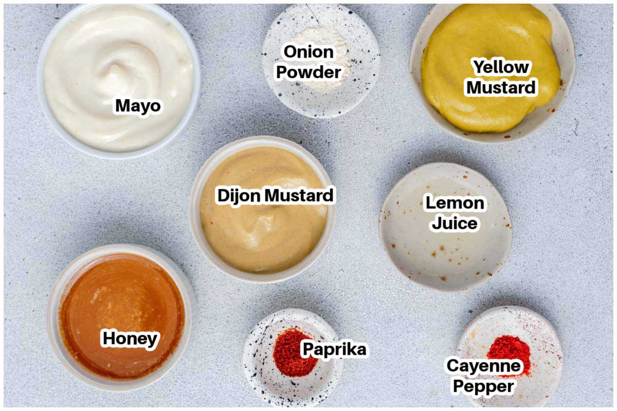 ingredients to make honey mustard dipping sauce.