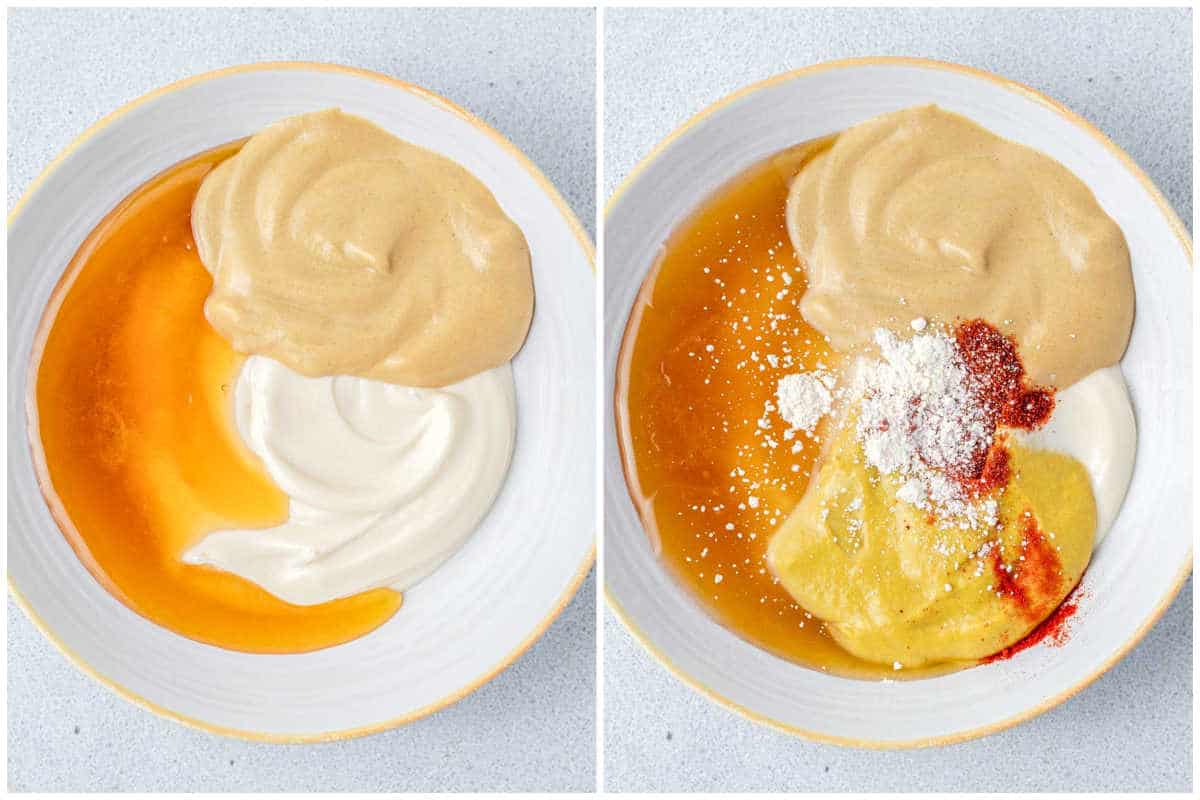 ingredients for the honey mustard dip added to a bowl.