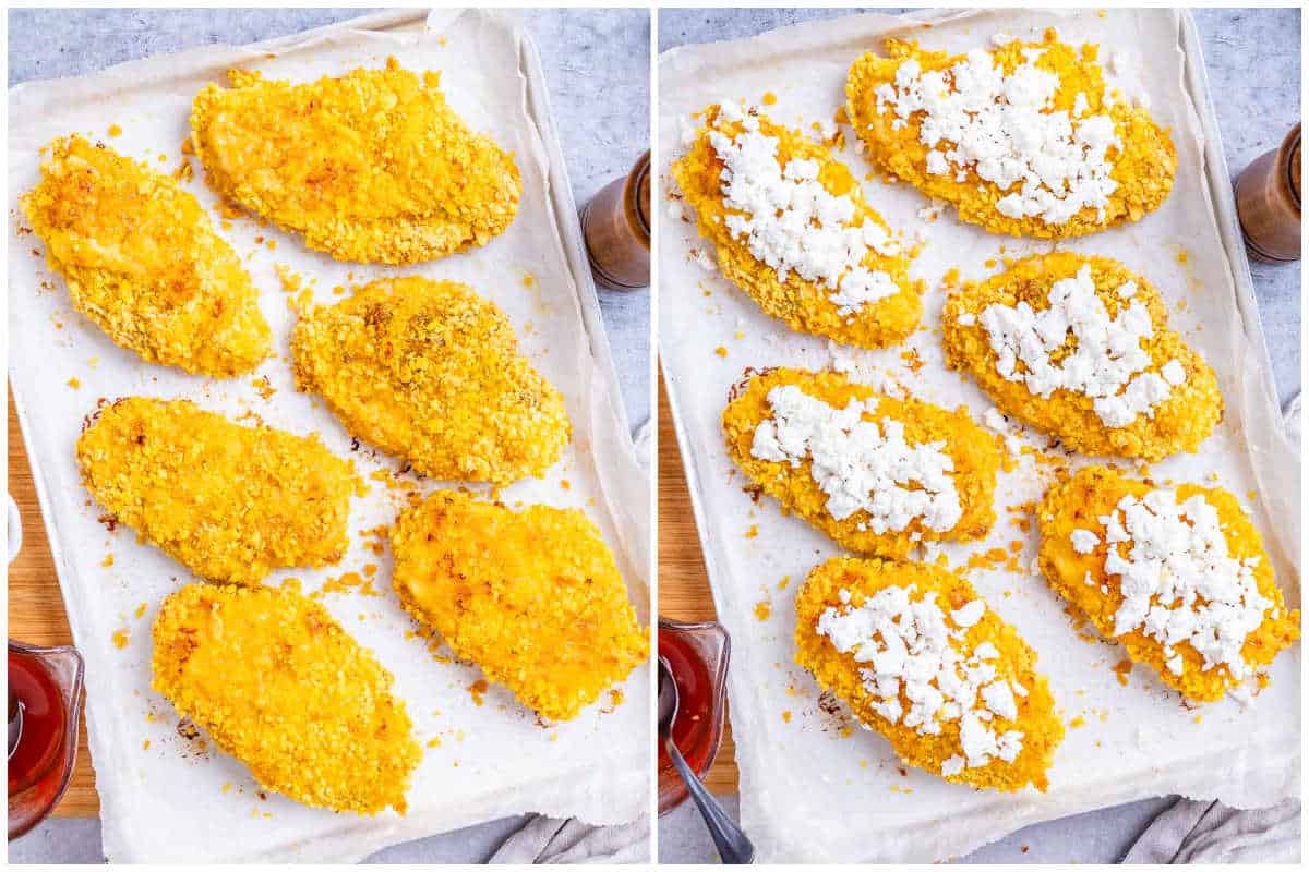process shot to add the breaded chicken to the sheet pan, bake it, and then add the feta cheese over each one. 