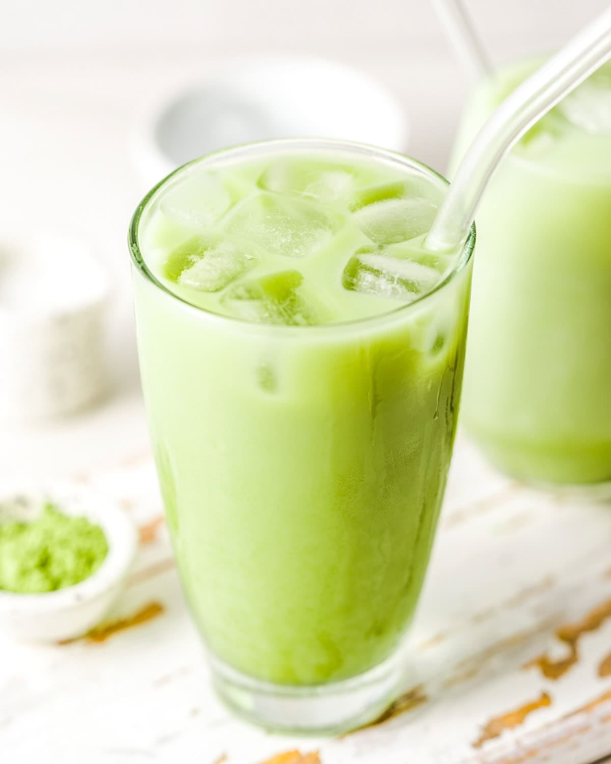matcha latte in a cup with ice.