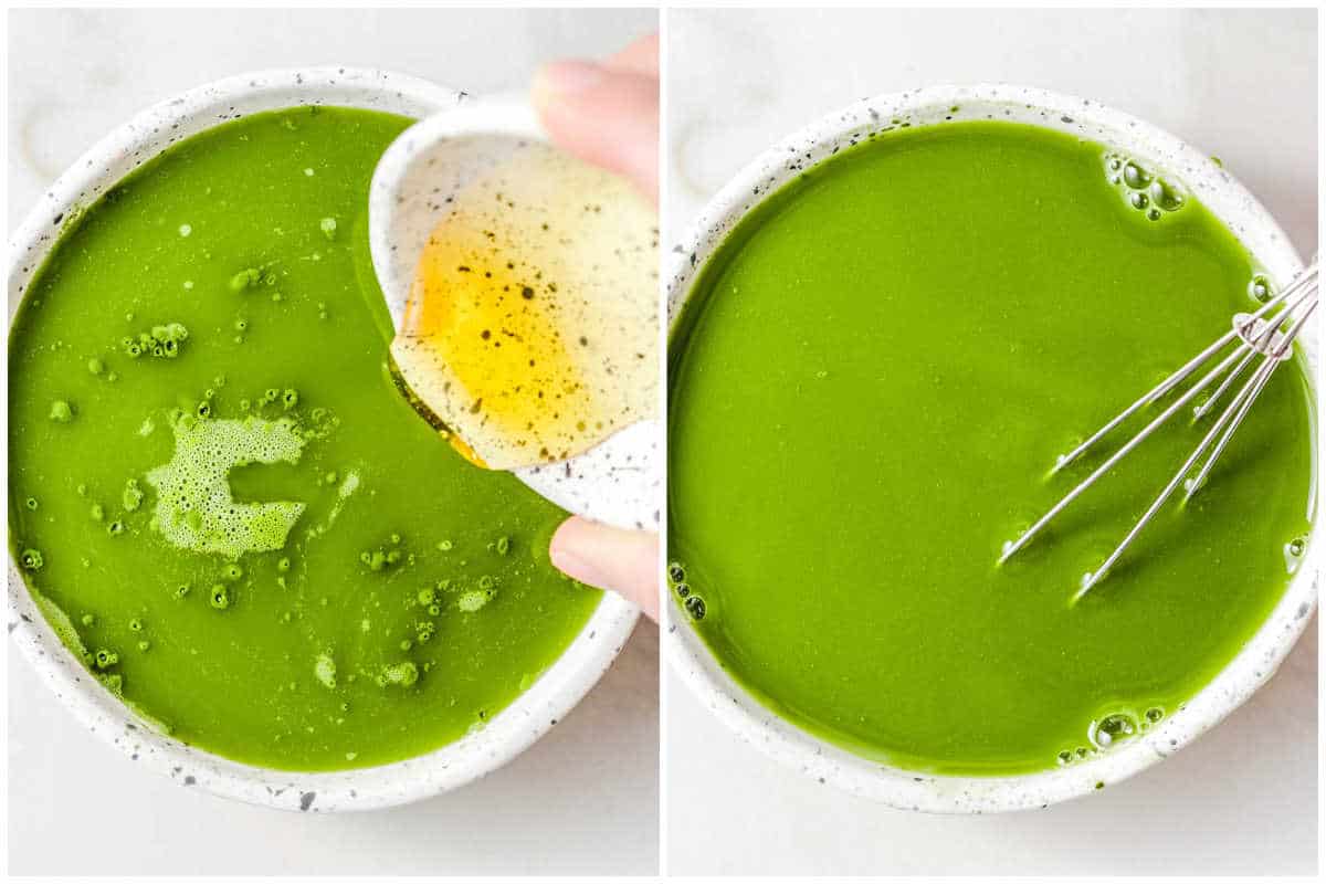 process shot of making the match liquid and mixing with honey.