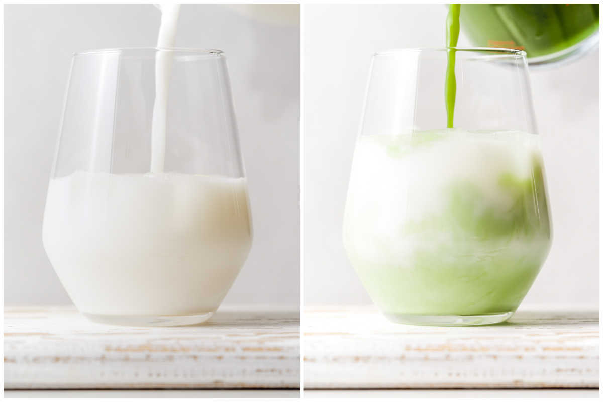 process shot to pouring the matcha into a cup of milk and ice.