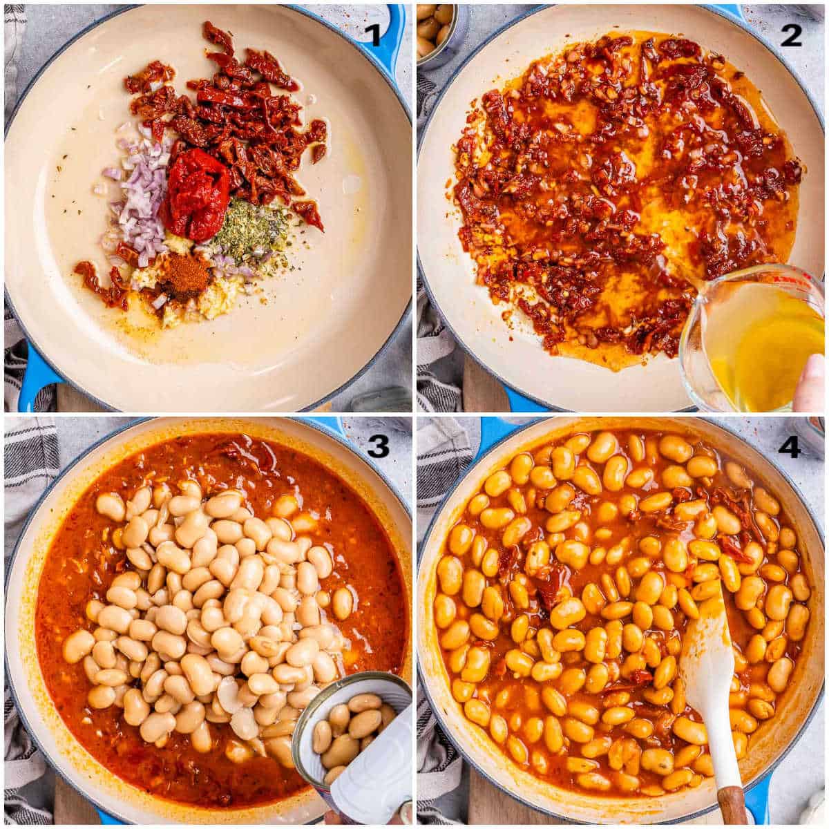 proces shot to cook the sauce for the butter bean , adding the beans, and mixing in the pan.