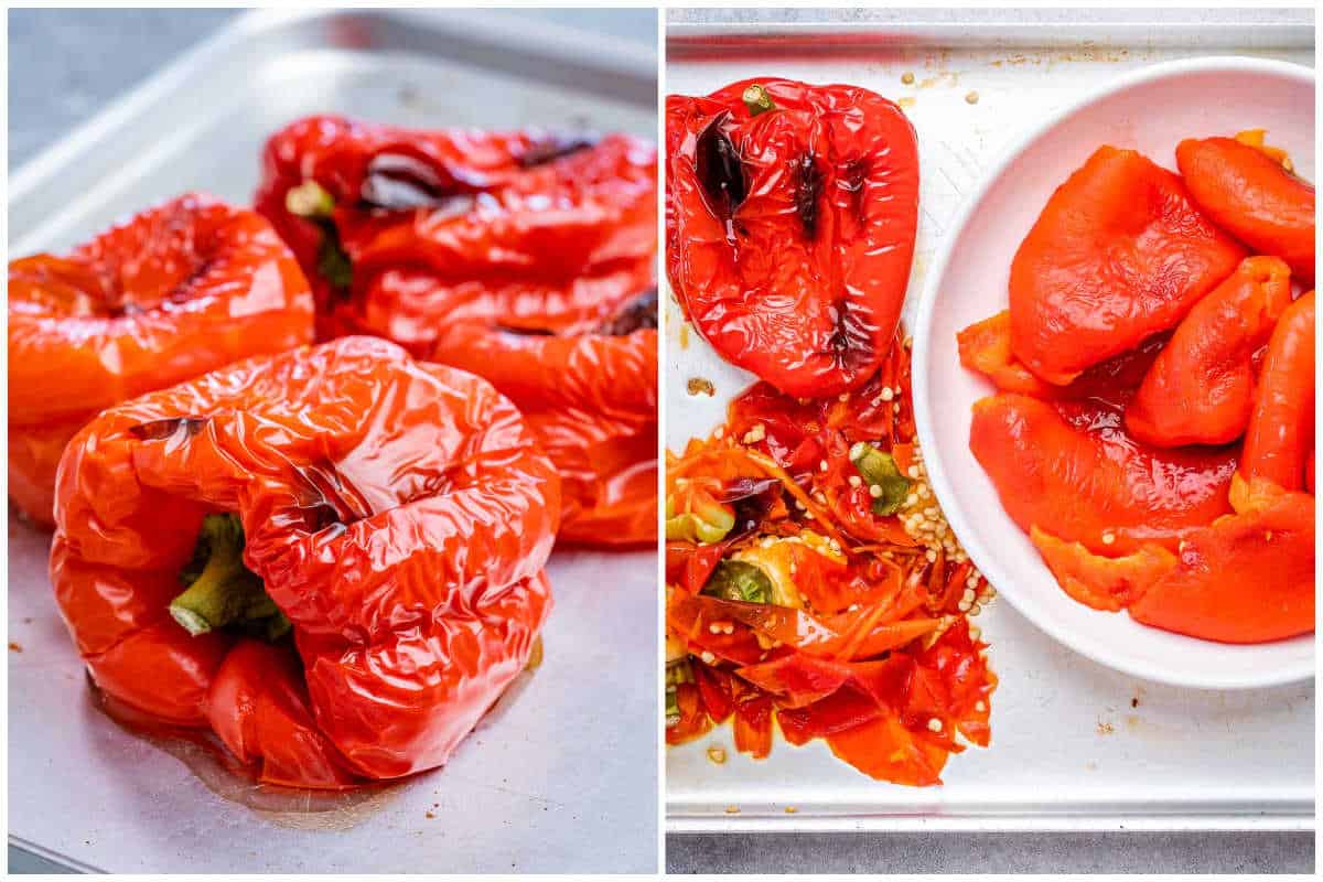 process shot for roasting the peppers and peeling off the skin. 