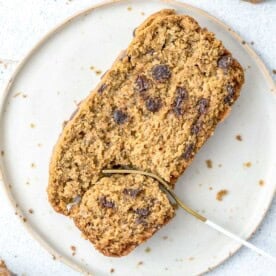 a slice of banana bread on a plate.