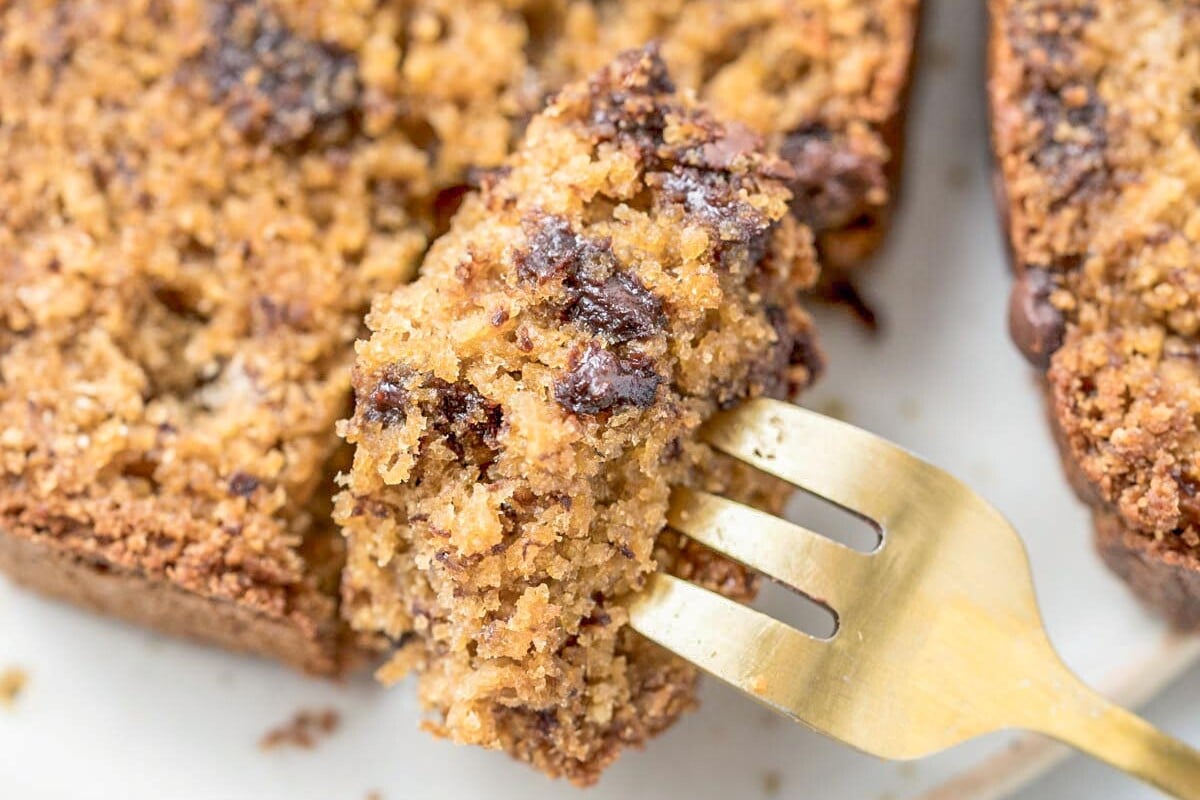 a fork grabbing a bite of banana bread on a plate.