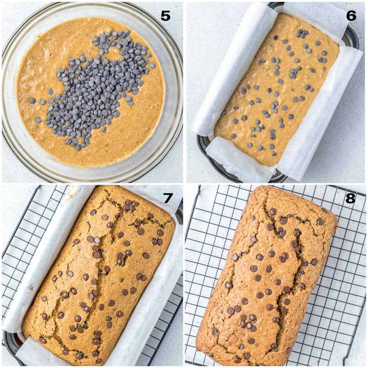 process shot to add chocolate chips into the banana bread batter and baking in a pan.