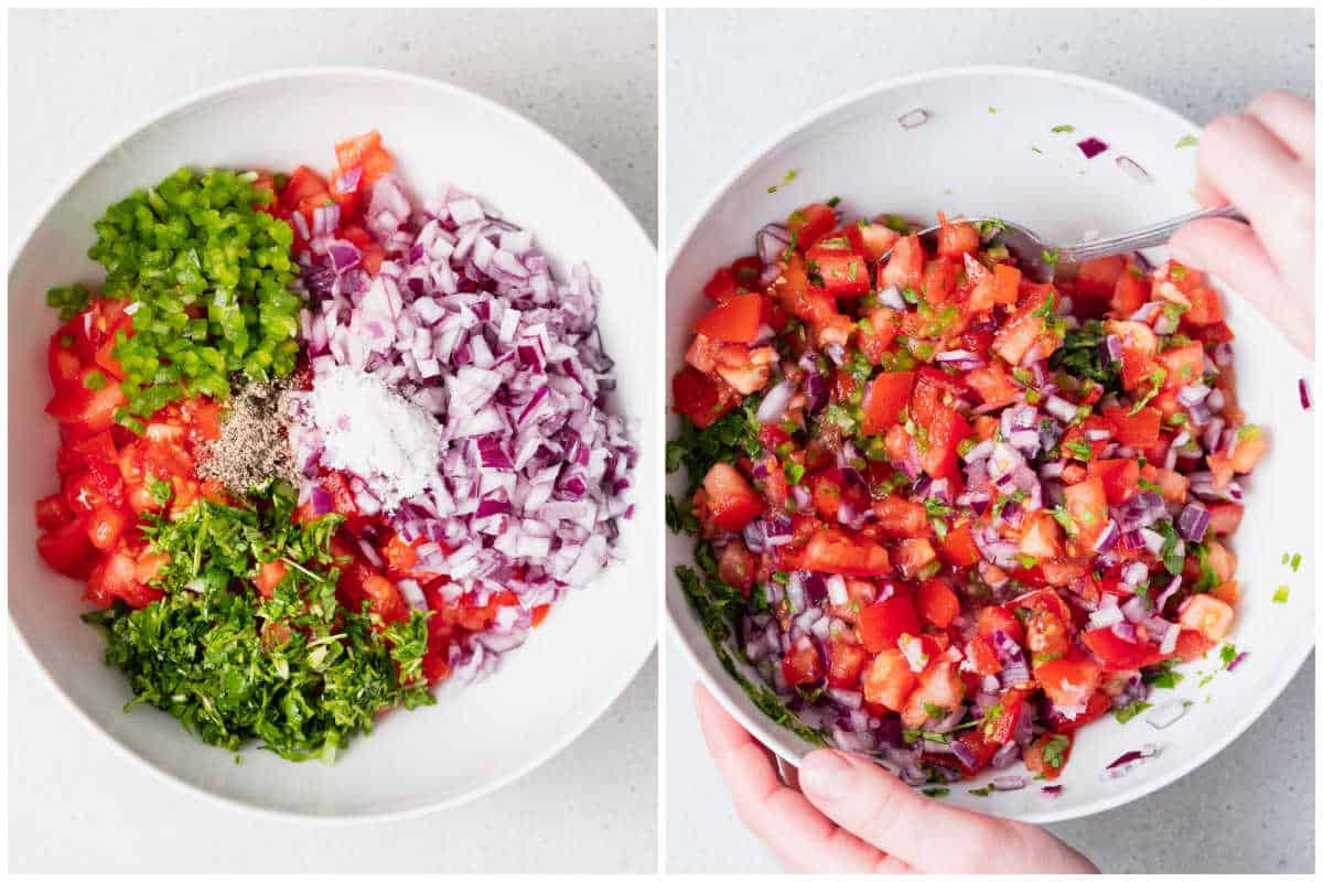 process shot to add salt and pepper to the pico de gallo ingredients in the bowl, and mixing. 