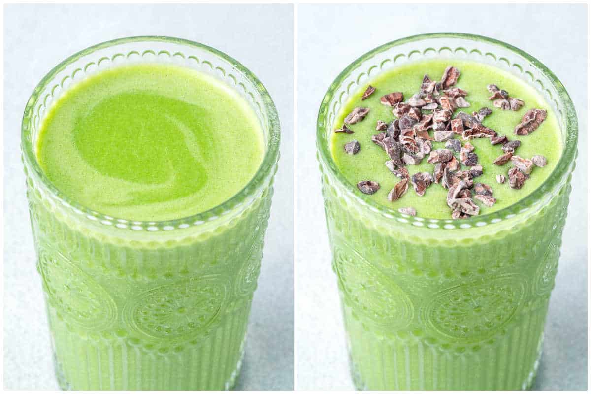 process shot to add the blended smoothie in a cup and top with cocoa nibs. 