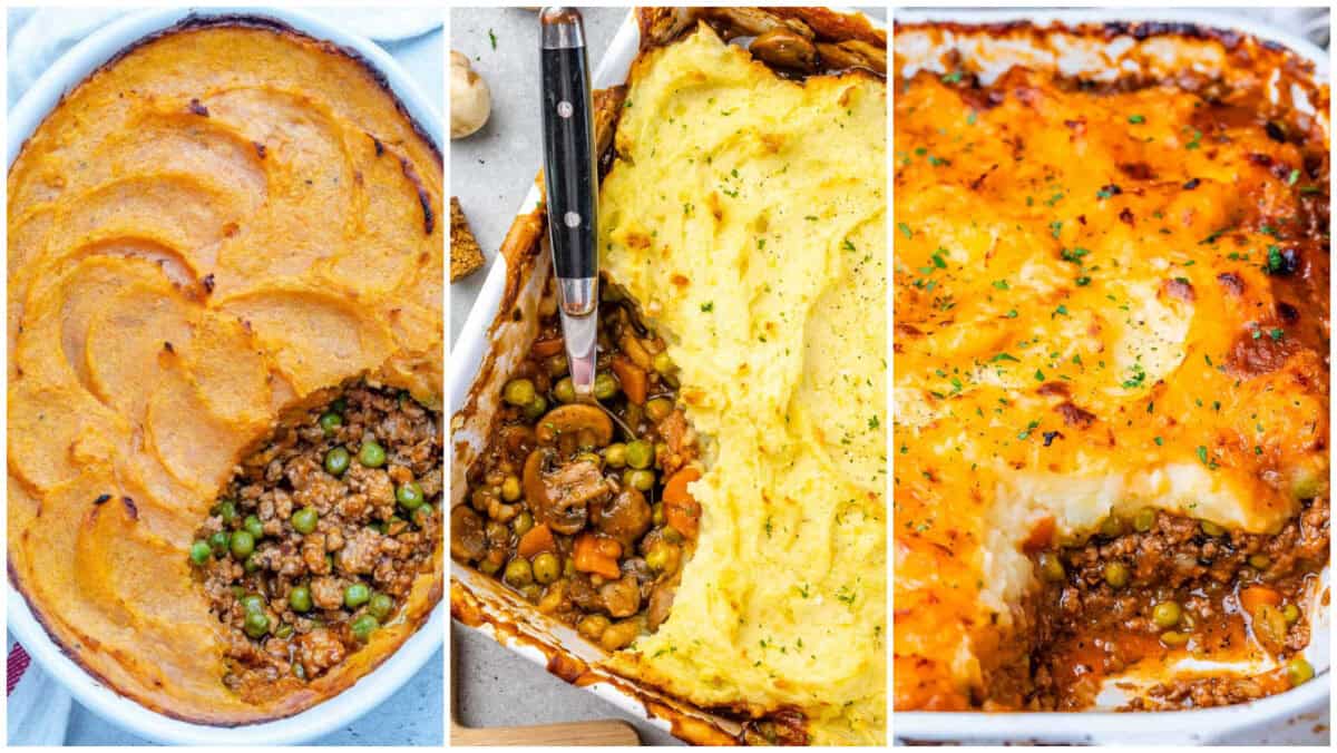 3 images of shepherd's pie next to each other.