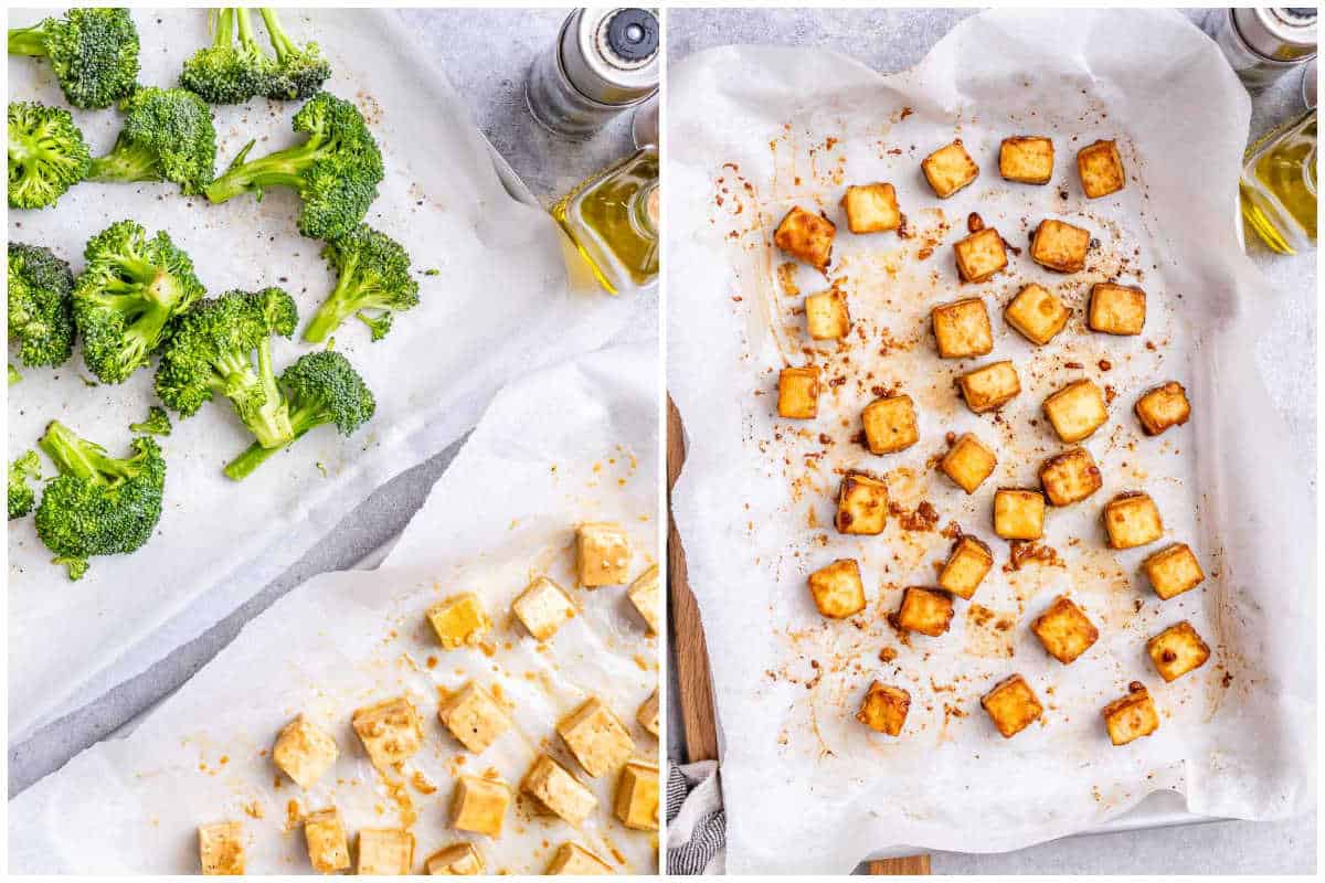 process shot to place the cubed tofu and broccoli florets in a pan and
baking.