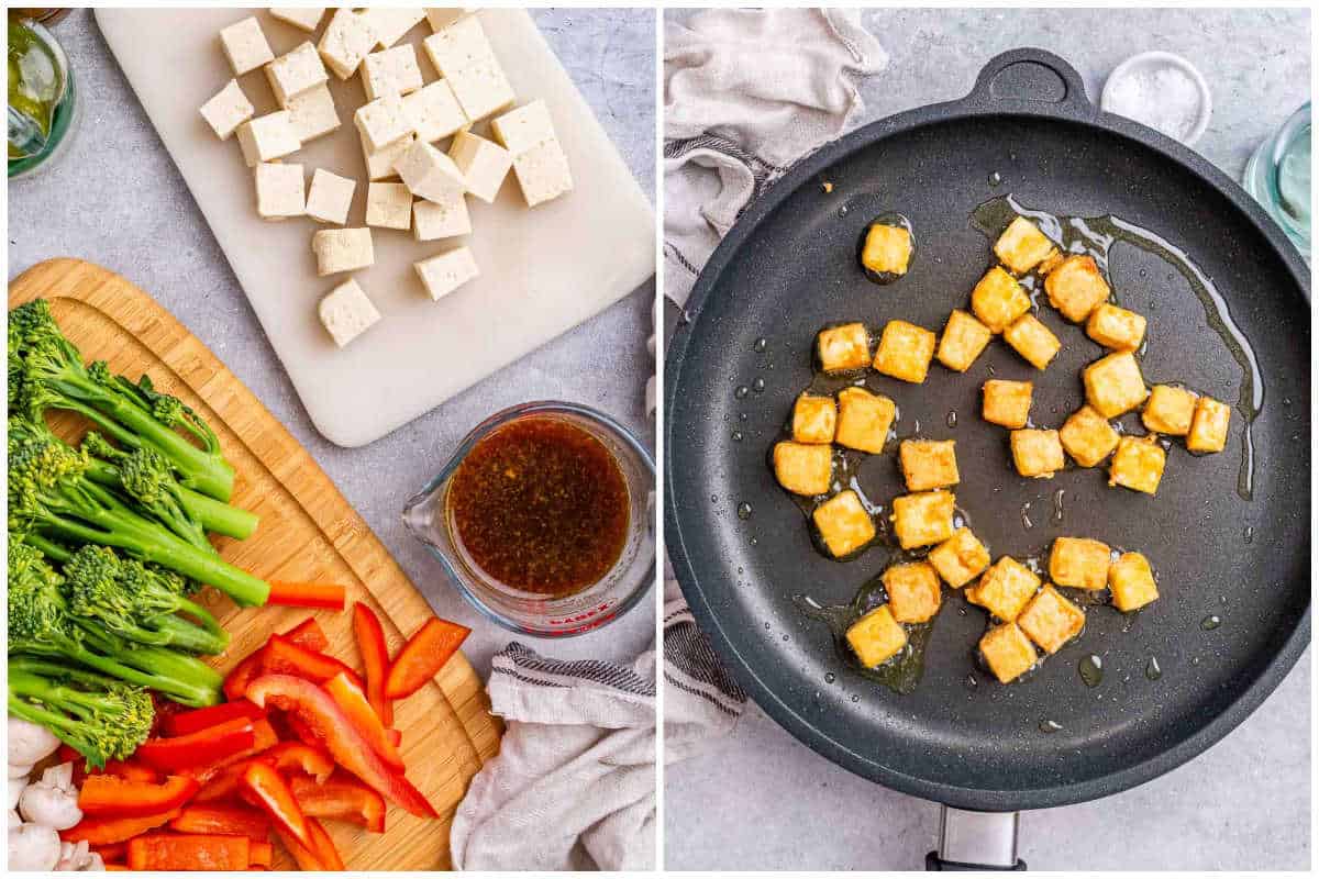process shot to prep the veggies and cooking the tofu on a pan.