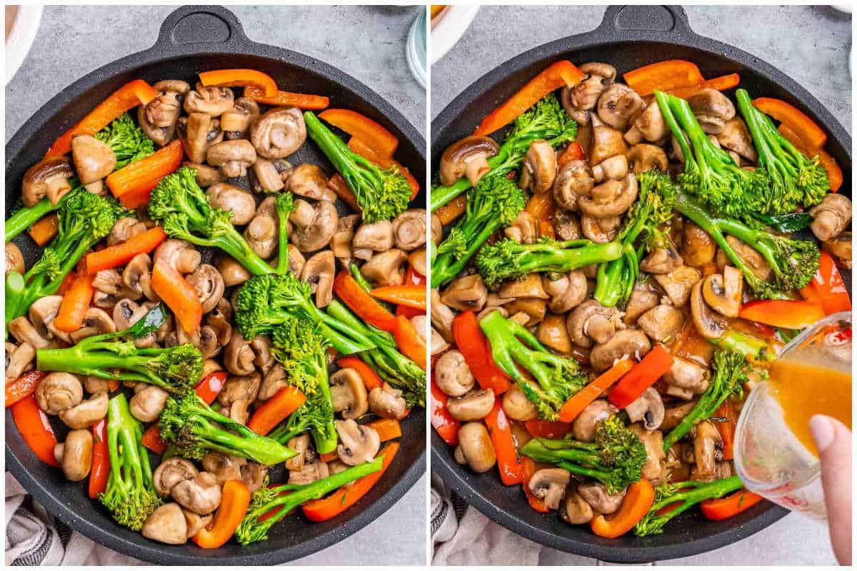 process shot to cook the veggies in a pan and adding broth over it.