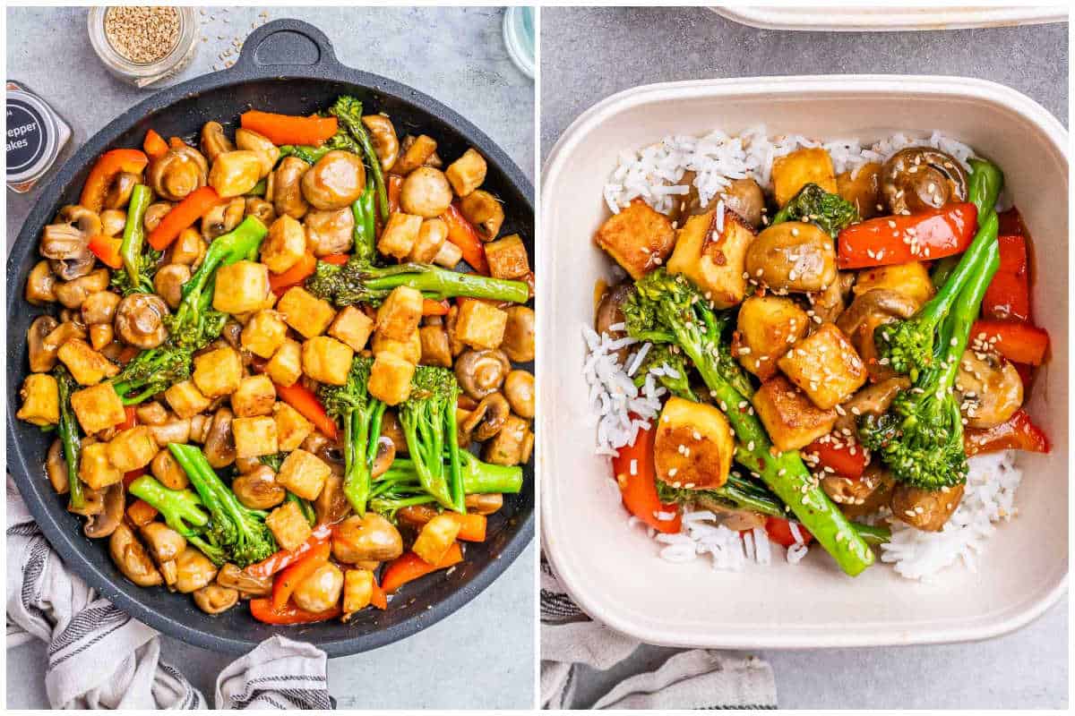 process shot to add the tofu in with the veggies and serving the stir fry in a bowl with rice.
