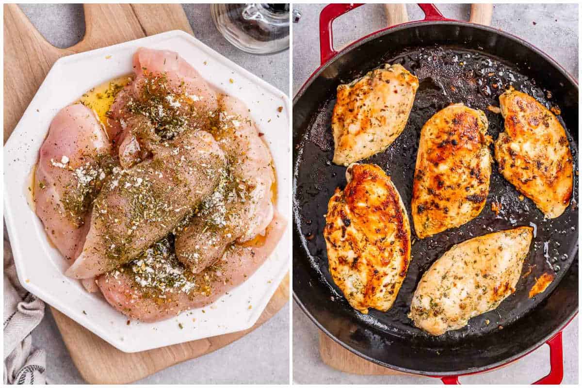 process shot to season the chicken and cook in a pan.