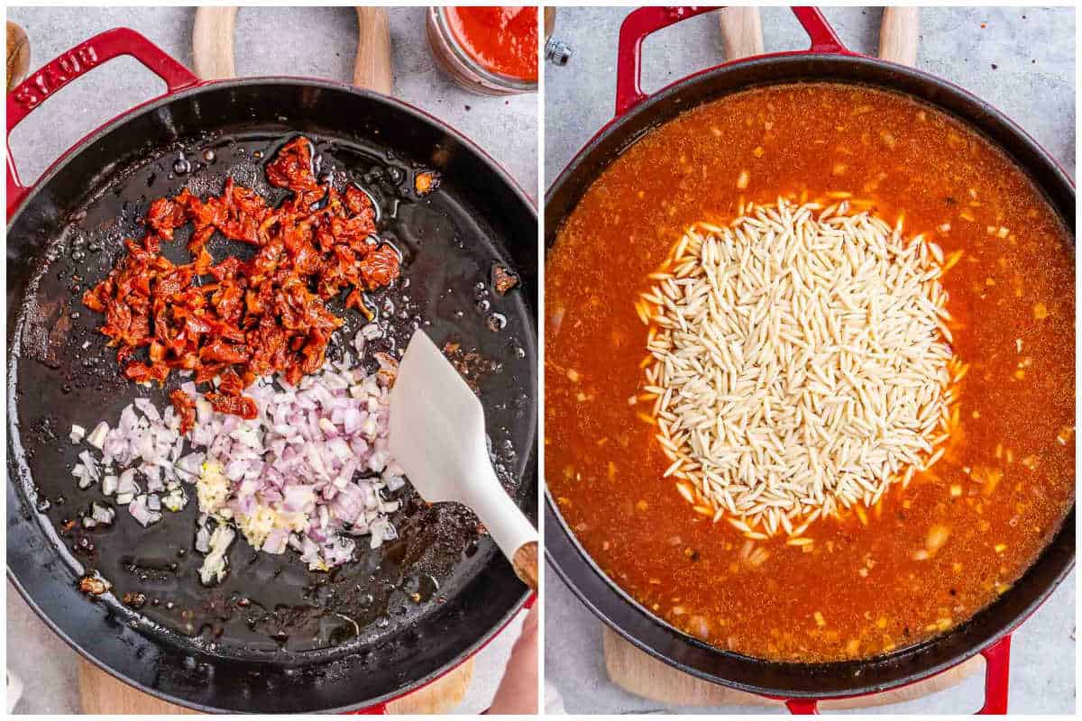 process shot to cook the onion, and sun-dried tomatoes in a skillet, then adding broth, tomato sauce and orzo.