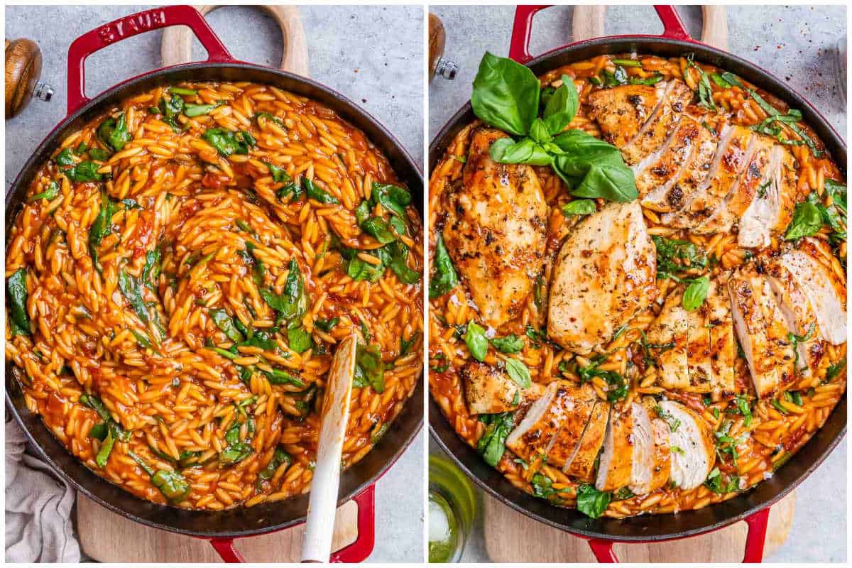process shot to cooking the orzo in sauce and topping with chicken.