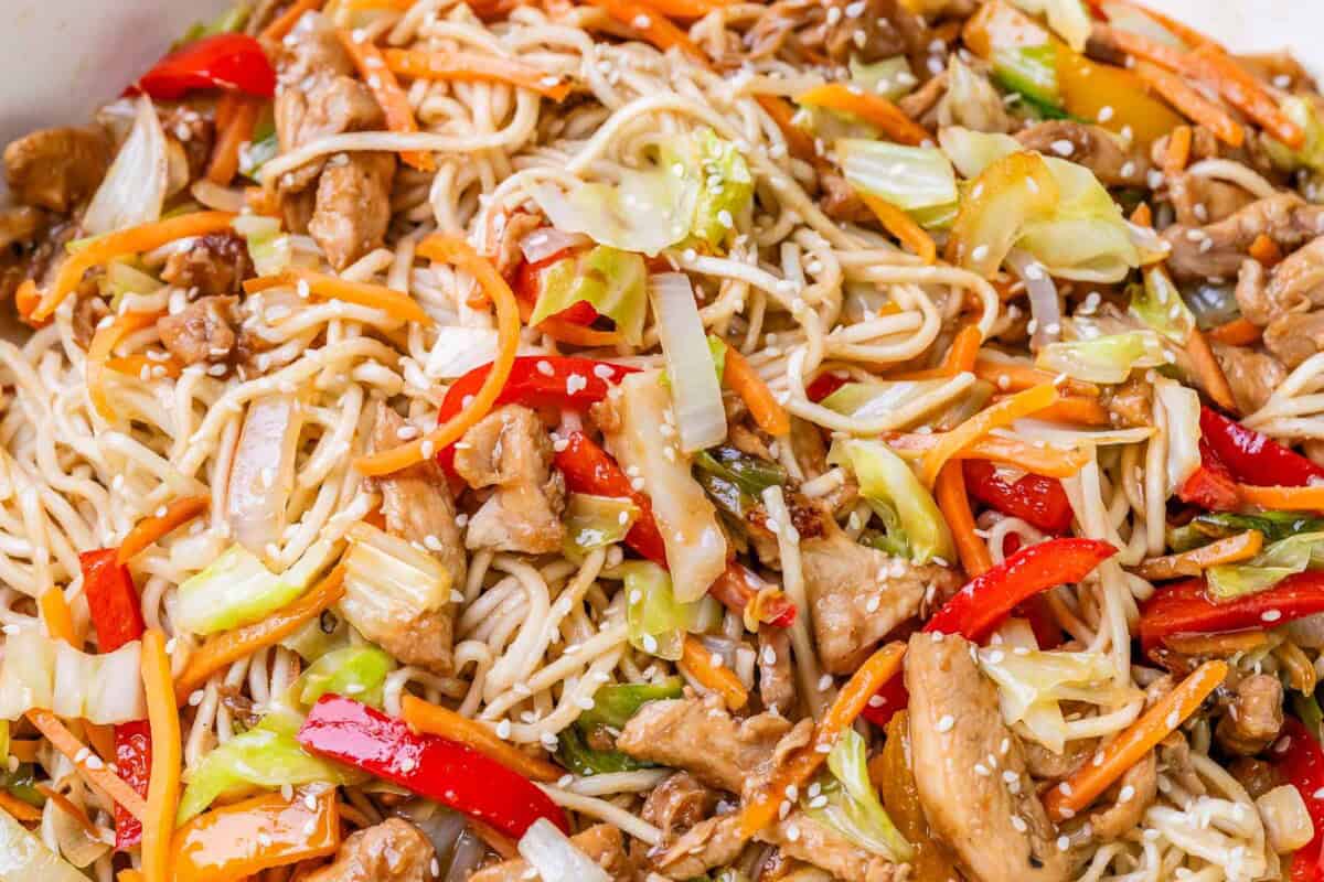 yakisoba noodles with chicken and veggies.
