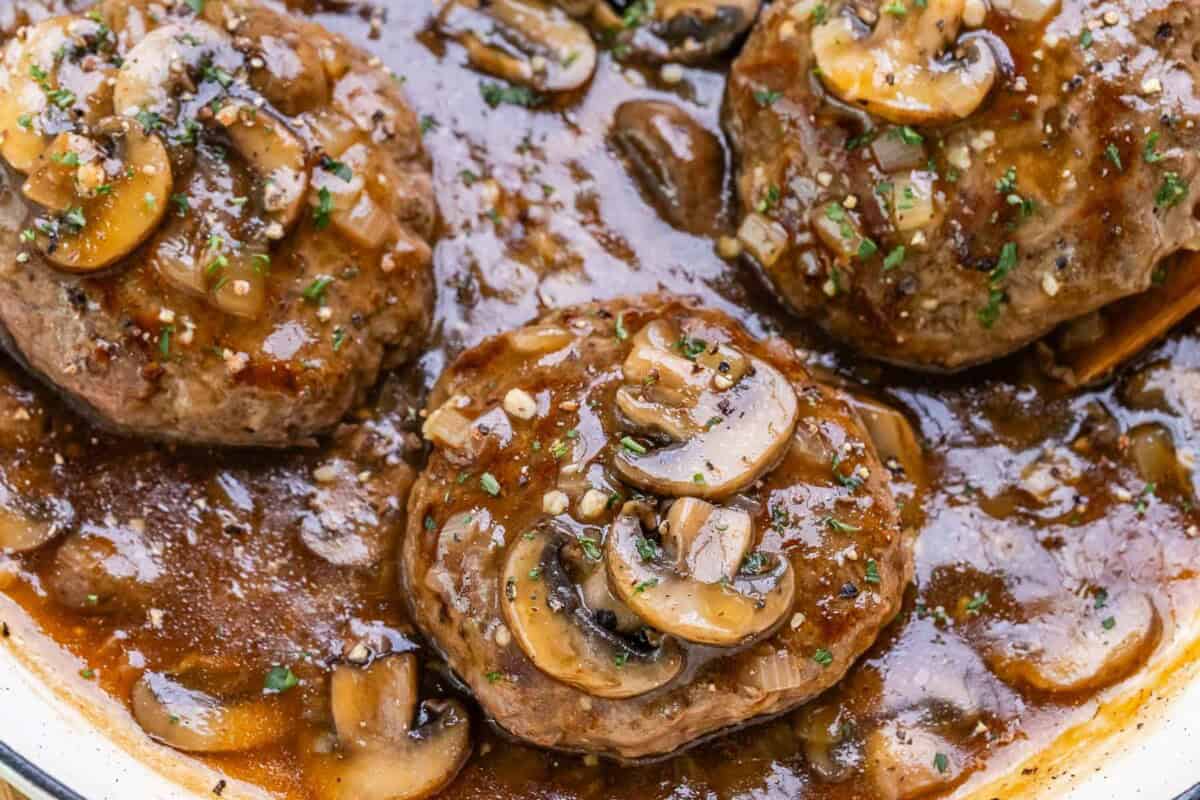 Burger steaks in a pan.