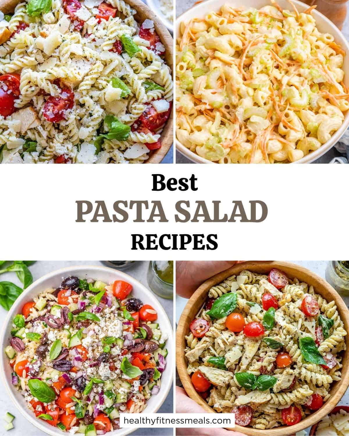 collage of 4 pasta salad recipes.
